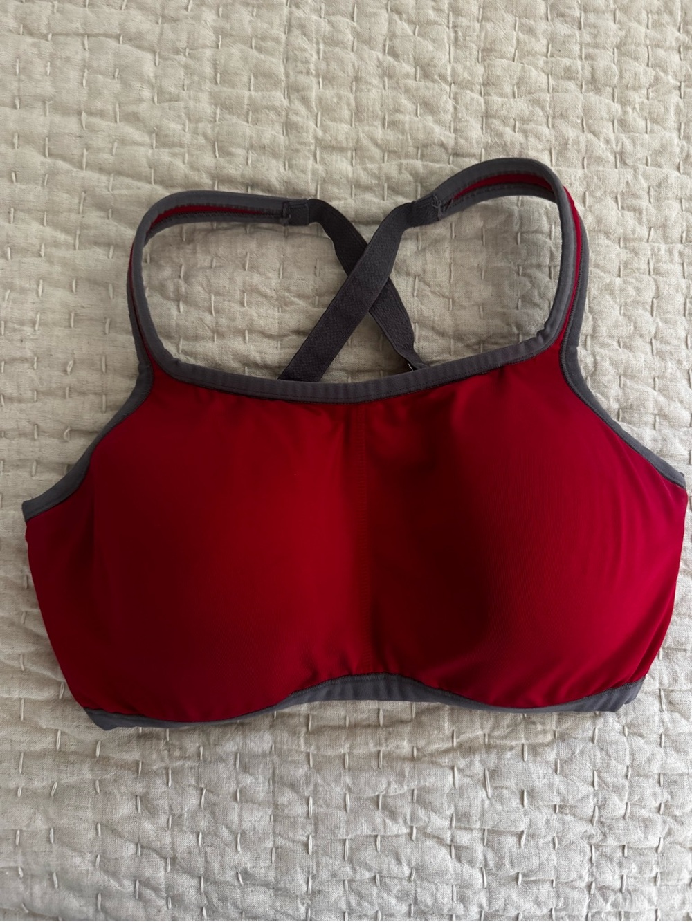 Natori Red Sports Bra with Gray Trim and Crisscross Back